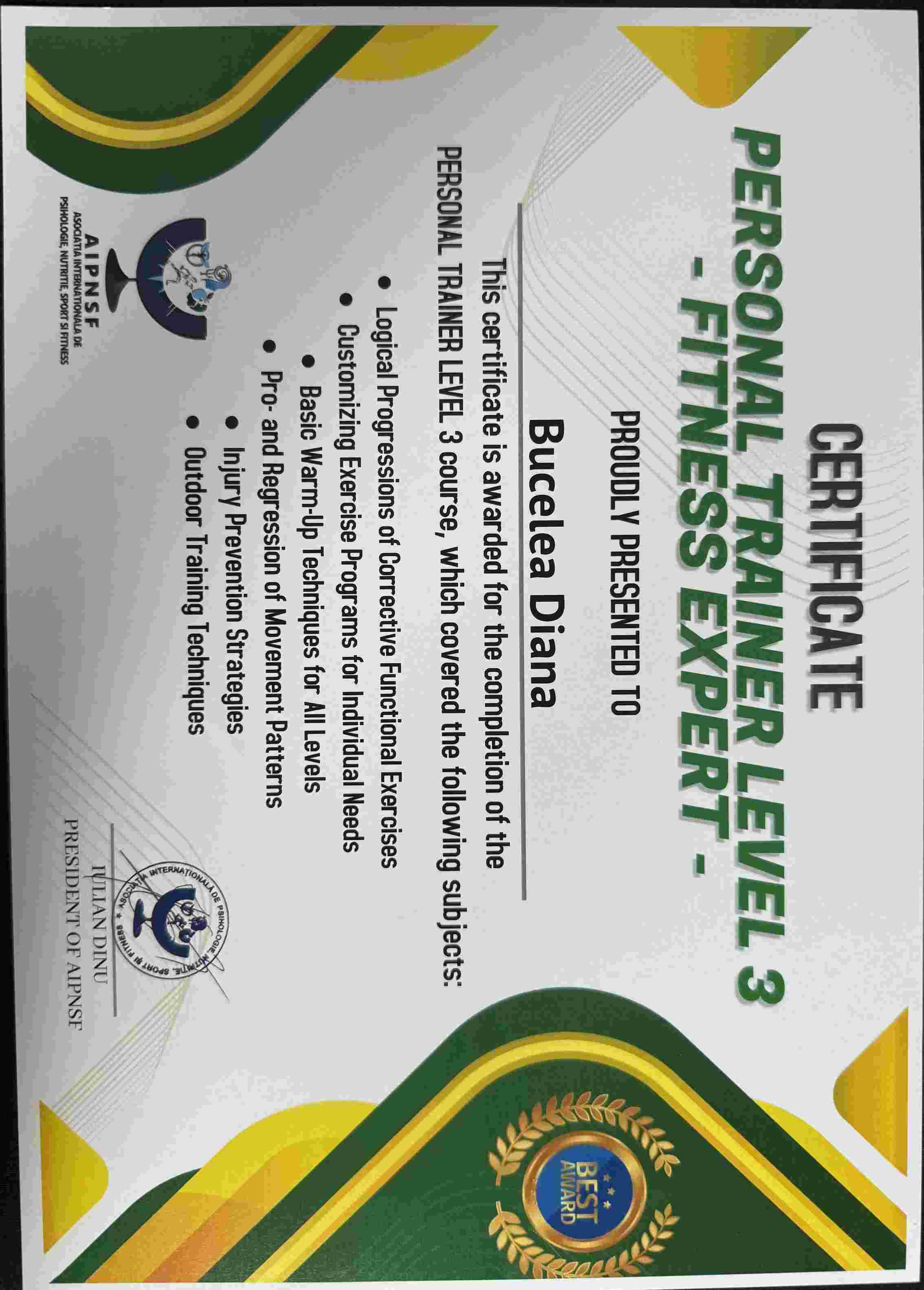 Certificat de Absolvire - Instructor Fitness