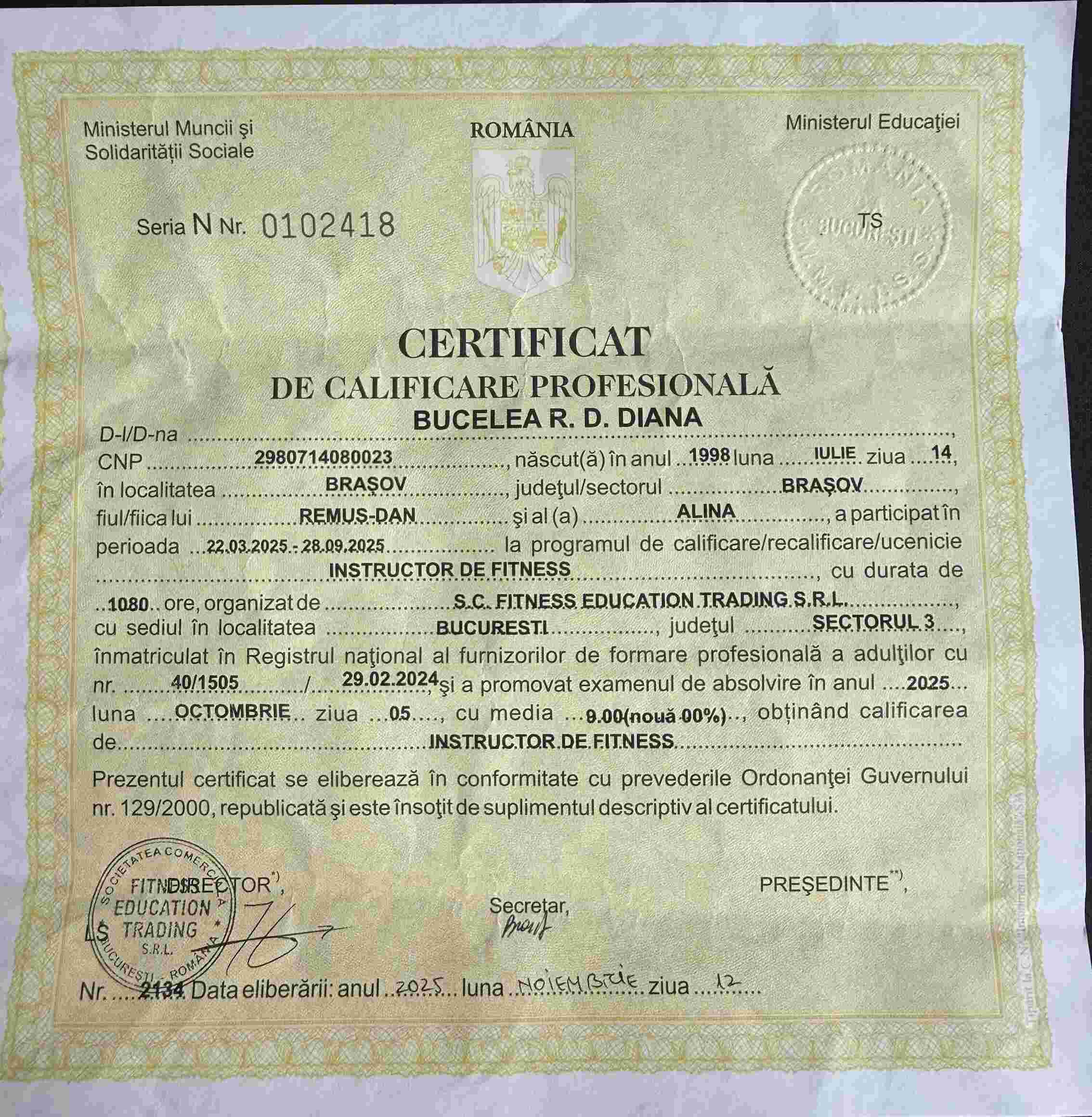 Certificat Specialist Fitness & Nutriție